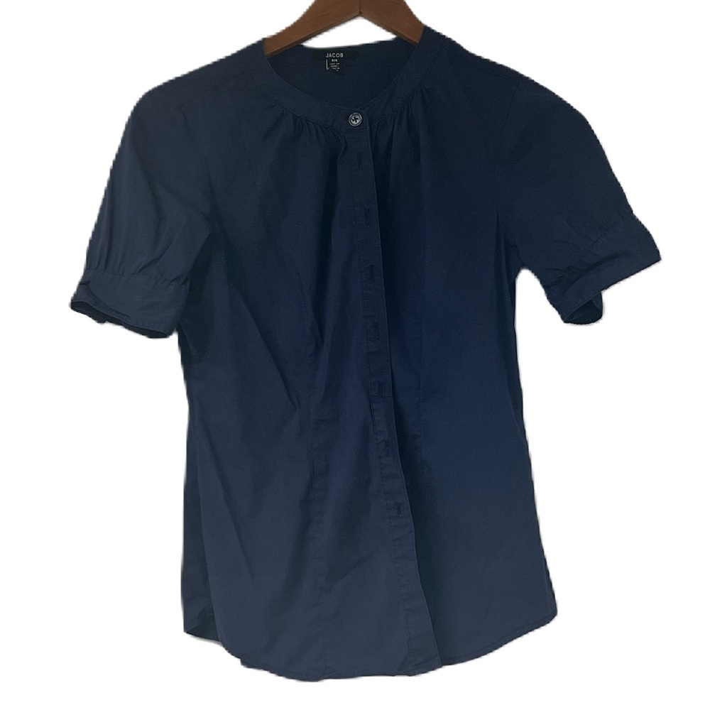 Jacob Woman's Petit Small navy short sleeve bubble sleeve button down top